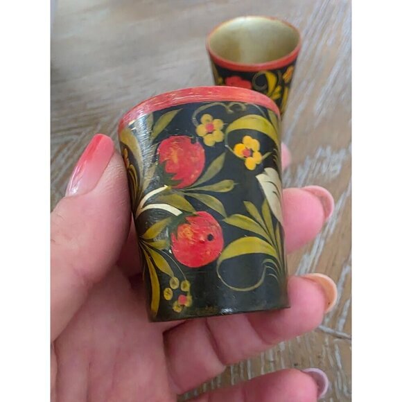 Vintage Hand-Painted Floral Wooden Shot Glasses Set Of 3 - Picture 15 of 16